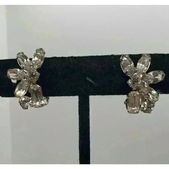 Vintage Earrings Clear Rhinestone Clip Clear Half Flower Star Bride Statement - Picture 3 of 10